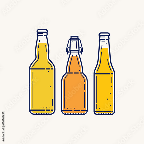 Three different form of beer bottles without labels isolated on light background. Vector illustration.