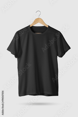 Black T-Shirt Mock-up on wooden hanger, front side view. 3D Rendering.