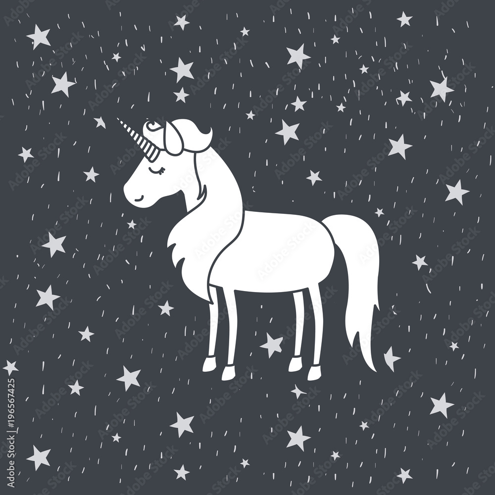 monochrome caricature of female unicorn in starry heaven vector illustration monochrome caricature of female unicorn in starry heaven vector illustration