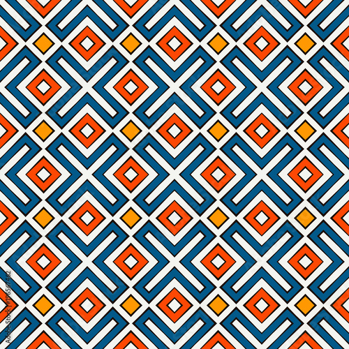 Seamless pattern in bright colors. Ethnic and tribal motif. Repeated geometric forms. Colorful ornamental background