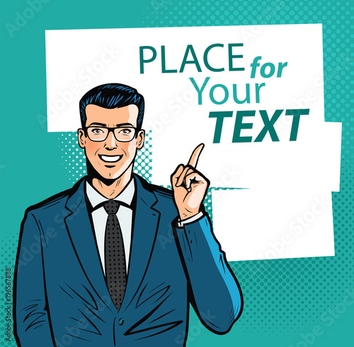 Happy businessman pointing index finger at important information. Business concept. Cartoon vector illustration