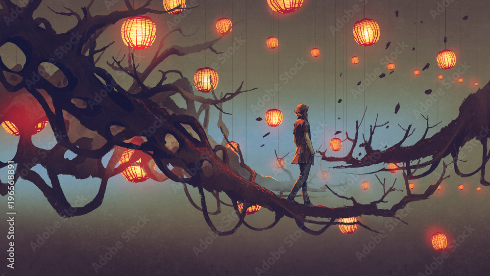 Obraz premium człowiek chodzenie na gałęzi drzewa z wielu czerwonych latarni na tle, cyfrowy styl sztuki, malarstwo ilustracja