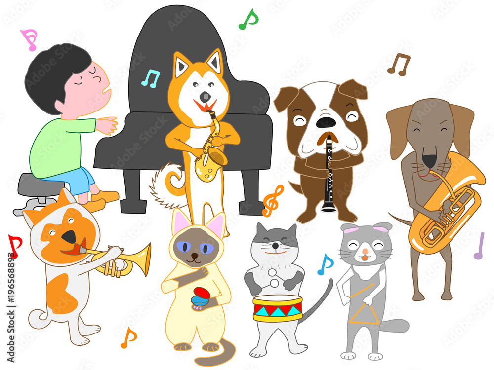 猫と犬のコンサート。子供とペットが歌ったり、楽器を演奏したりしている。