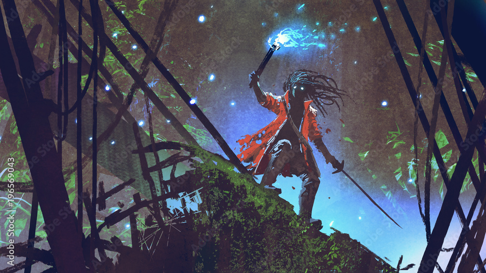 Obraz premium pirat szuka z niebieską latarką w ciemnym lesie, cyfrowym stylu sztuki, malarstwa ilustracyjnego