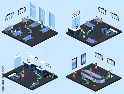 Isometric 3D vector illustration set people at the airport with luggage and waiting for the plane