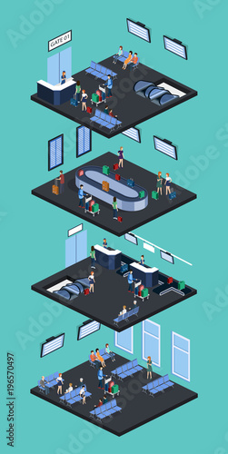 Isometric 3D vector illustration set people at the airport with luggage and waiting for the plane