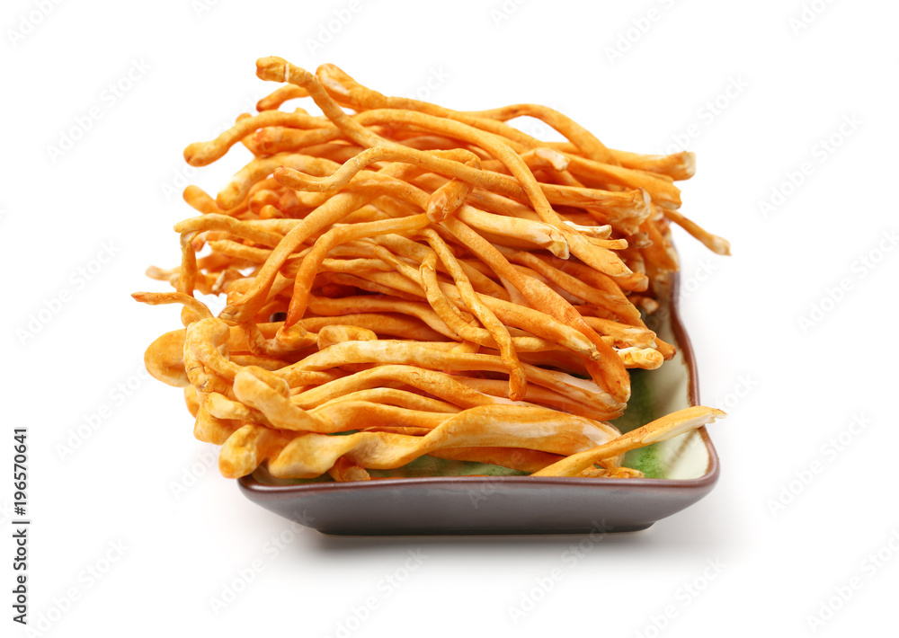 Fresh Cordyceps mushroom on white background Fresh Cordyceps mushroom on white background