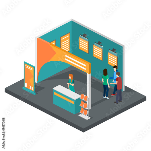 Isometric 3D vector illustration expo stand exhibition with people