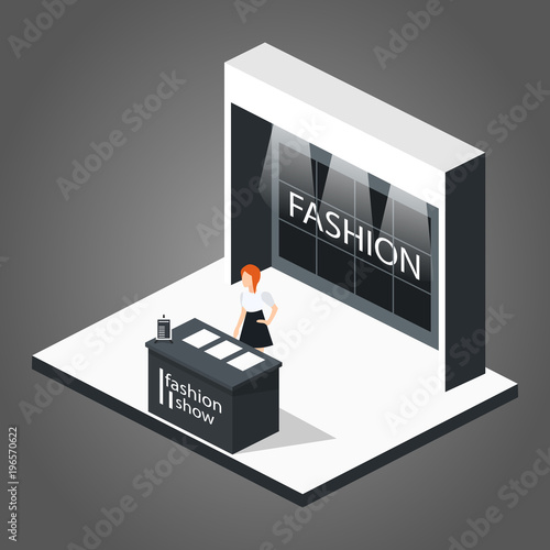 Isometric 3D vector illustration expo fashion show stand exhibition with people