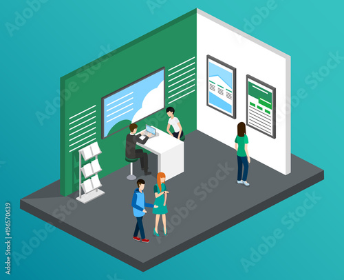 Isometric 3D vector illustration expo stand exhibition with people