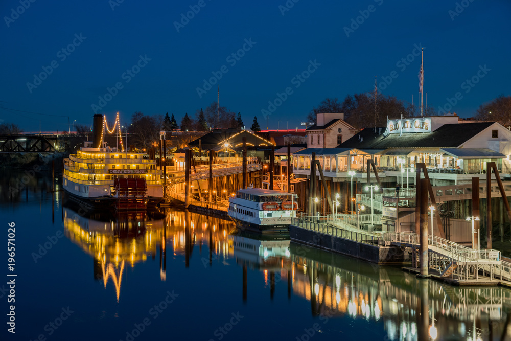 Night view of Sacramento skyline with Sacramento River