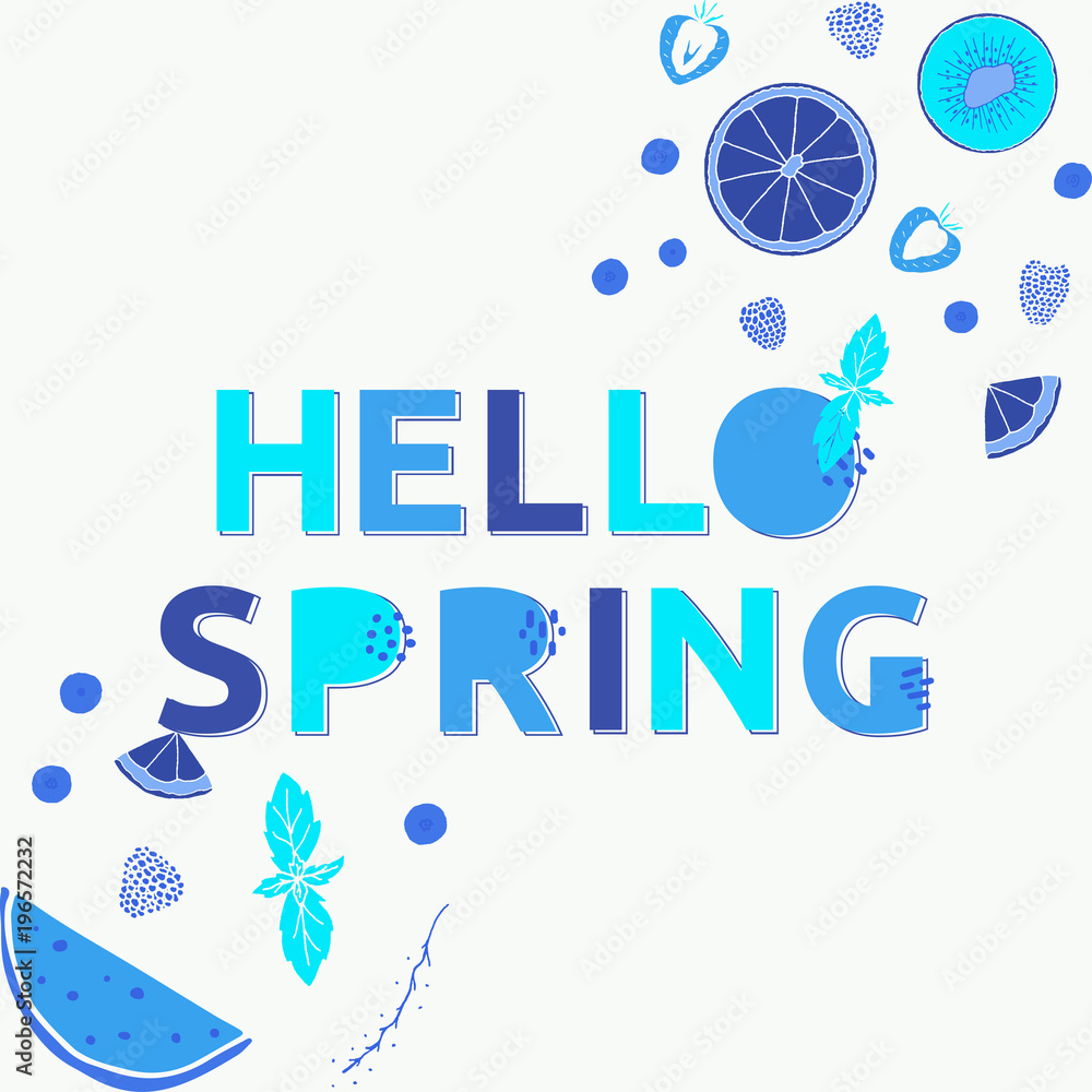 Hello spring poster with different shades of Blue. Hello spring poster with different shades of Blue.