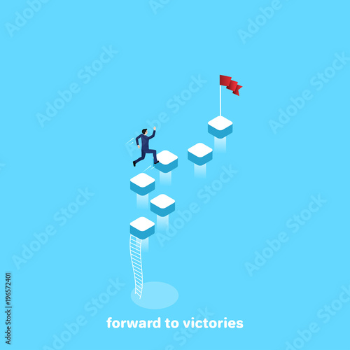 a man in a business suit runs to the flag on the steps hanging in the air, an isometric image