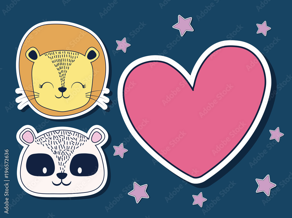 heart with raccoon and lion over blue background, colorful design. vector illustration