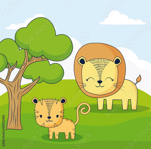 cute lioan and cat in a forest, colorful design. vector illustration