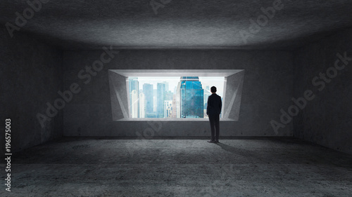 Thoughtful businessman standing in empty space concrete room with bright window and cityscape view . Mixed media .