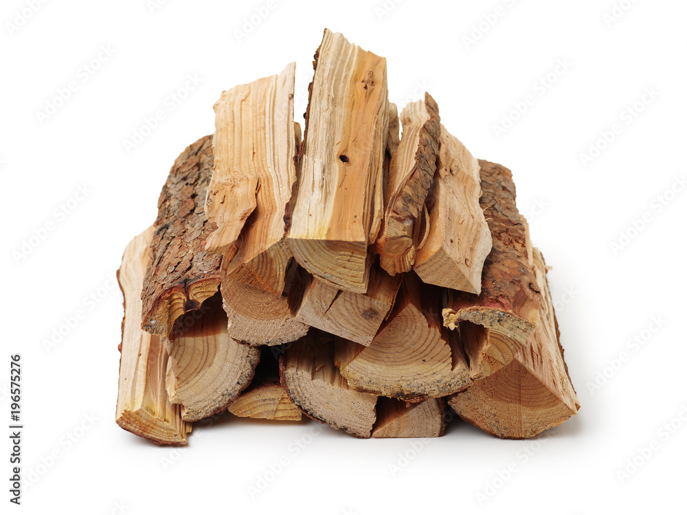 A stack of split firewood isolated on a white background A stack of split firewood isolated on a white background
