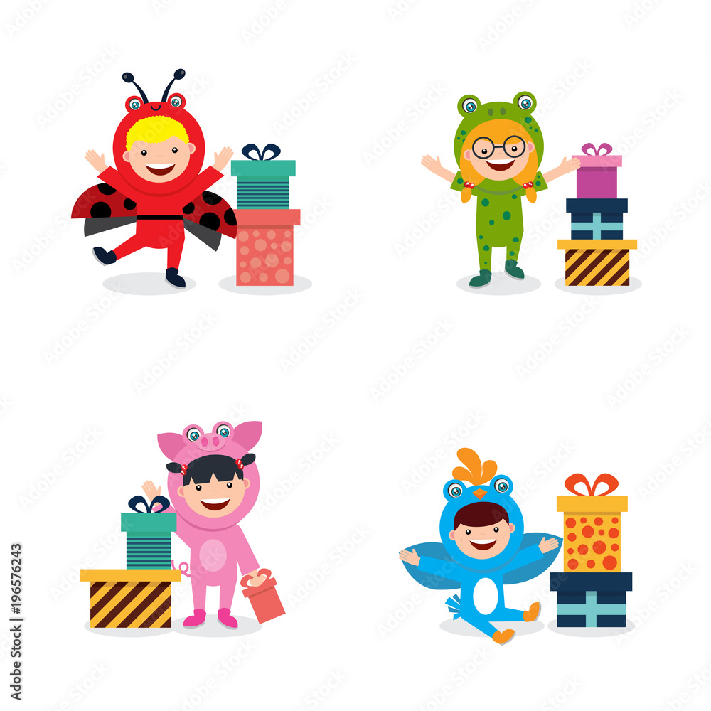 sticker icon with kids in animal costume
