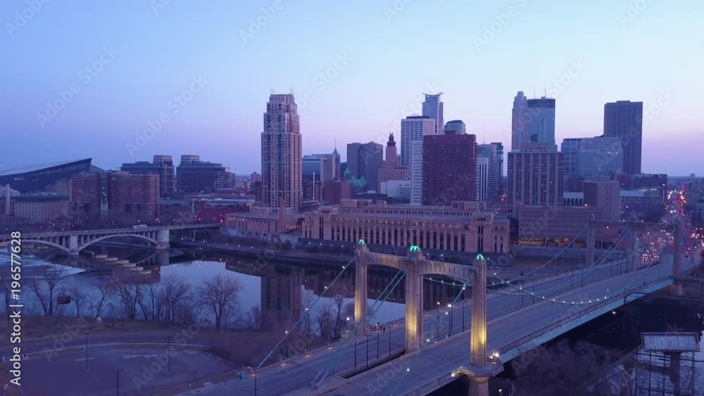 A high angle aerial of downtown Minneapolis, Minnesota at night. A high angle aerial of downtown Minneapolis, Minnesota at night.
