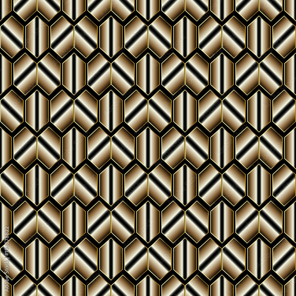 Abstract striped geometric seamless pattern. Modern vector black and gold honeycomb background. Luxury 3d wallpaper. Surface ornamental texture. Stylish design for fabric, textile, wrapping, prints