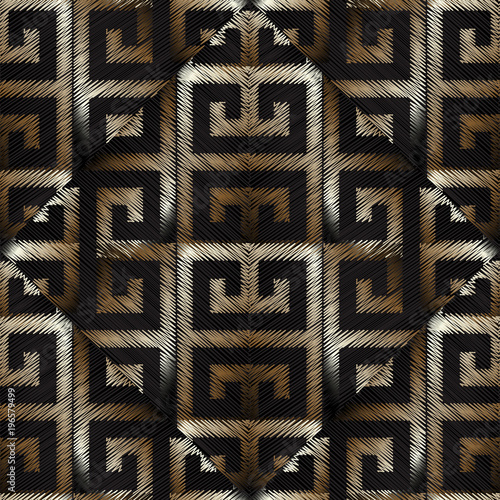Embroidery Vector Meander Seamless Pattern. Tapestry Geometric Background  Wallpaper. Grunge Surface Embroidered 3d Ornaments. Hatching Gold Greek  Key, Geometric Shapes, Rhombus, Triangles, Lace Lines. Stock Photo, Picture  and Royalty Free Image. Image