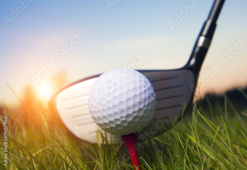 Golf club and ball in grass with sunlight