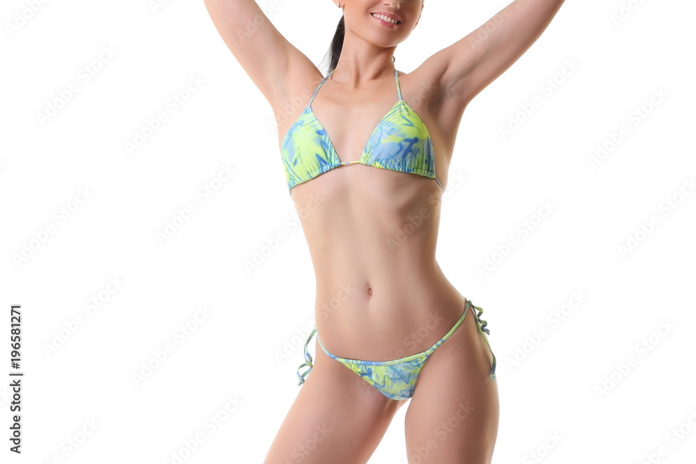 sporty woman in bikini on white background - obrazy, fototapety, plakaty 