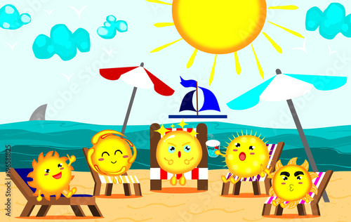 Cute sun sunbathing at Beautiful beach,relaxing time,summer concept,vector