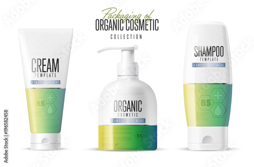 Cosmetic brand template. Vector packaging. Body care product. Oil, lotion or soap, shampoo, cream. Realistic bottle mock up set. Isolated pack on white background.