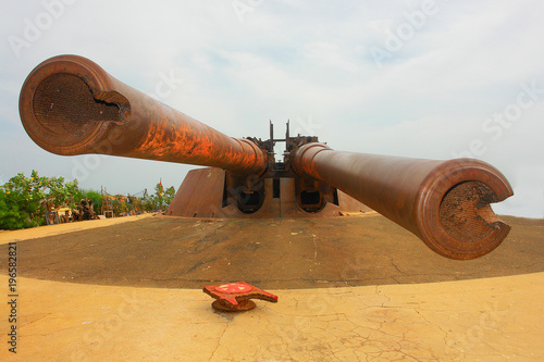 WWII canon on Le Castel, rocky plateau on the island, Gorée Island, Senegal 