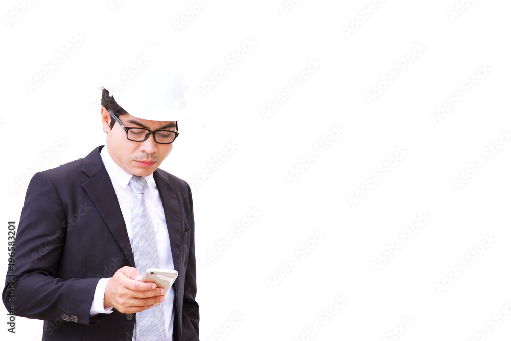Businessman is looking at phone isolated on white background Businessman is looking at phone isolated on white background