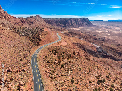 Scenic asphalt road in Grand Canyon mountains at hot summer day. Aerial view.