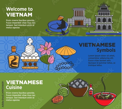 Welcome to Vietnam promotional banners with national symbols and cuisine