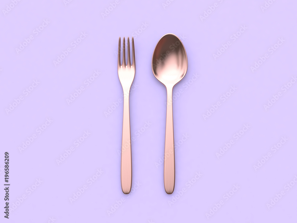 metallic copper fork spoon minimal violet-purple background 3d rendering metallic copper fork spoon minimal violet-purple background 3d rendering