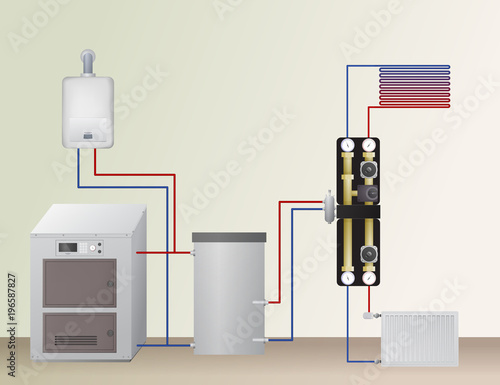 Solid fuel and gas boiler in the heating system. Vector illustration. The HVAC equipment. Hydraulic strapping. Underfloor heating, radiator and water heating.