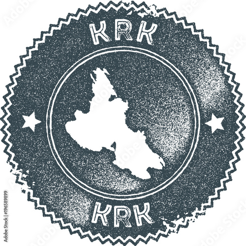 Krk map vintage stamp. Retro style handmade label, badge or element for travel souvenirs. Dark blue rubber stamp with island map silhouette. Vector illustration.