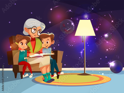 Vector cartoon grandmother reading astrophysics, cosmos space science book boy girl sitting armchair. Illustration elderly parent background home interior ,planets stars galaxy on wall imagined by kid