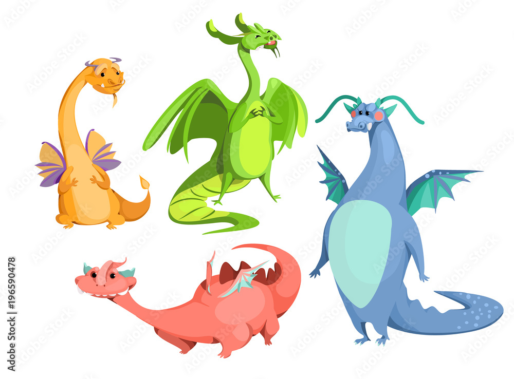 Vector cartoon cute magic dragons set. Blue red green orange color funny  mythological creatures, fairy tale medieval monsters, happy fantastic flying  animals smiling. Isolated background illustration Stock Vector | Adobe Stock