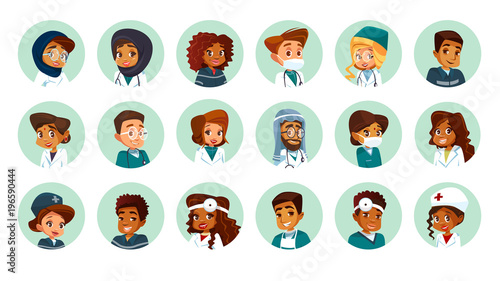 Vector cartoon multinational medical character avatars set. Circle icon with women men doctors medical uniform. African black caucasian indian muslim arab khaliji male female surgeon nurse specialist