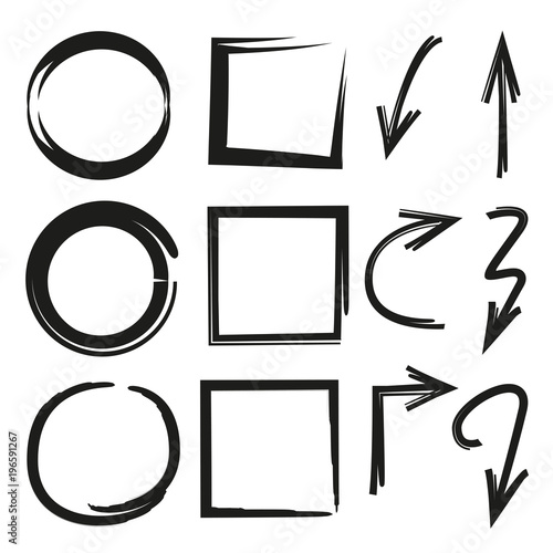 hand drawn diagram elements, arrows, circle and rectangle set