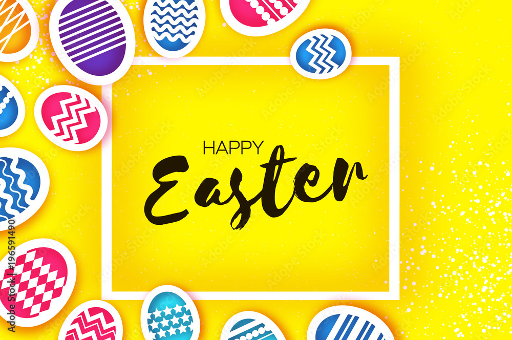 Happy Easter Greetings card. Colorful Eggs in paper cut style. Spring holidays on yellow. Space for text. Happy Easter Greetings card. Colorful Eggs in paper cut style. Spring holidays on yellow. Space for text.