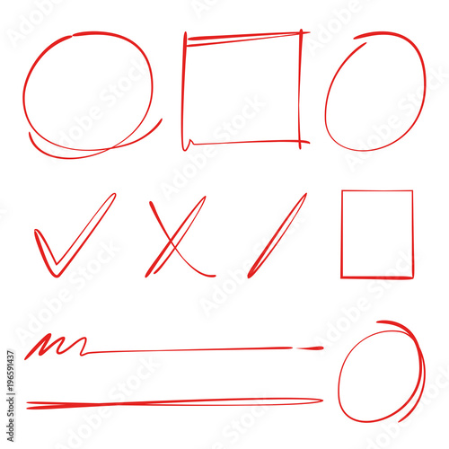 red hand drawn check marks, circle markers and underlines