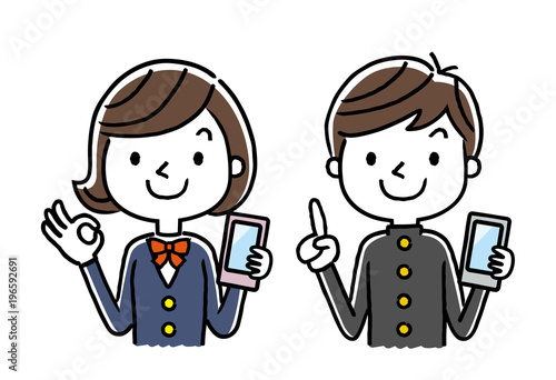 男子学生と女子学生：スマホ、スマートフォン