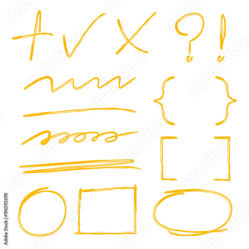 yellow hand drawn marker elements, check mark, bracker, underlines
