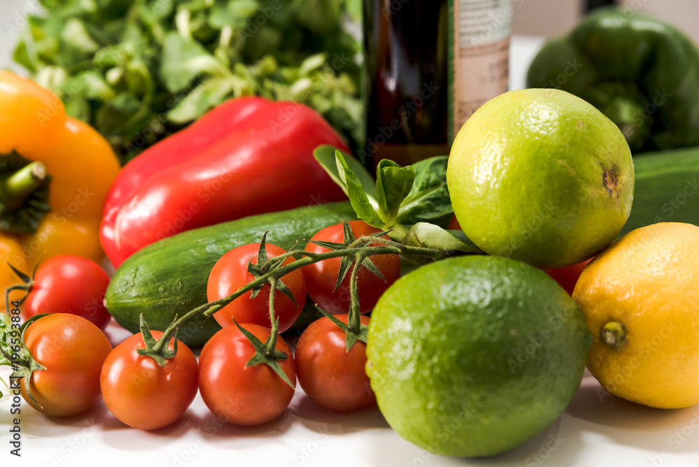 fresh raw vegetables, salad preparation, pepper, tomatoes, cucumber, fresh salad, lime, lemon, cheese fresh raw vegetables, salad preparation, pepper, tomatoes, cucumber, fresh salad, lime, lemon, cheese