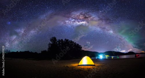 Stitched Panorama Bright milky way during clear night sky for background. image contain soft focus, blur and noise due to long expose and high iso.