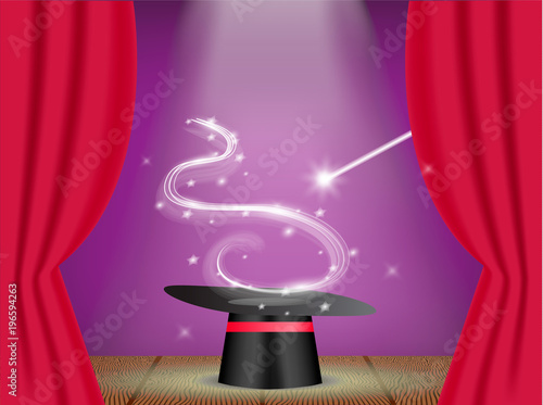 The wizard's hat and the magic wand on stage with opened red curtain. Vector illustration