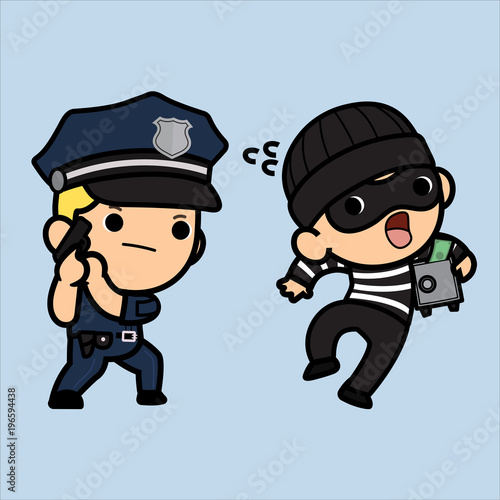 Police officer, policeman or Cop  chasing a thief holding Safe ,Vector illustration in a flat style , Cute cartoon