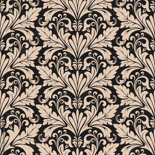 Wallpaper in the style of Baroque. A seamless vector background. Black and gold floral ornament. Graphic vector pattern