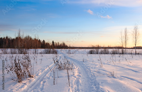 Ski track in the sunset.